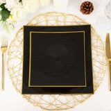 10 Pack | 8inch Black / Gold Concave Modern Square Plastic Dessert Plates, Disposable Salad Plates