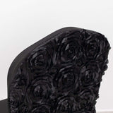 Black Satin Rosette Spandex Stretch Banquet Chair Cover, Fitted Slip On Chair Cover