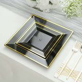 10 Pack | 10inch Gold Trim Black Square Plastic Disposable Dinner Plates