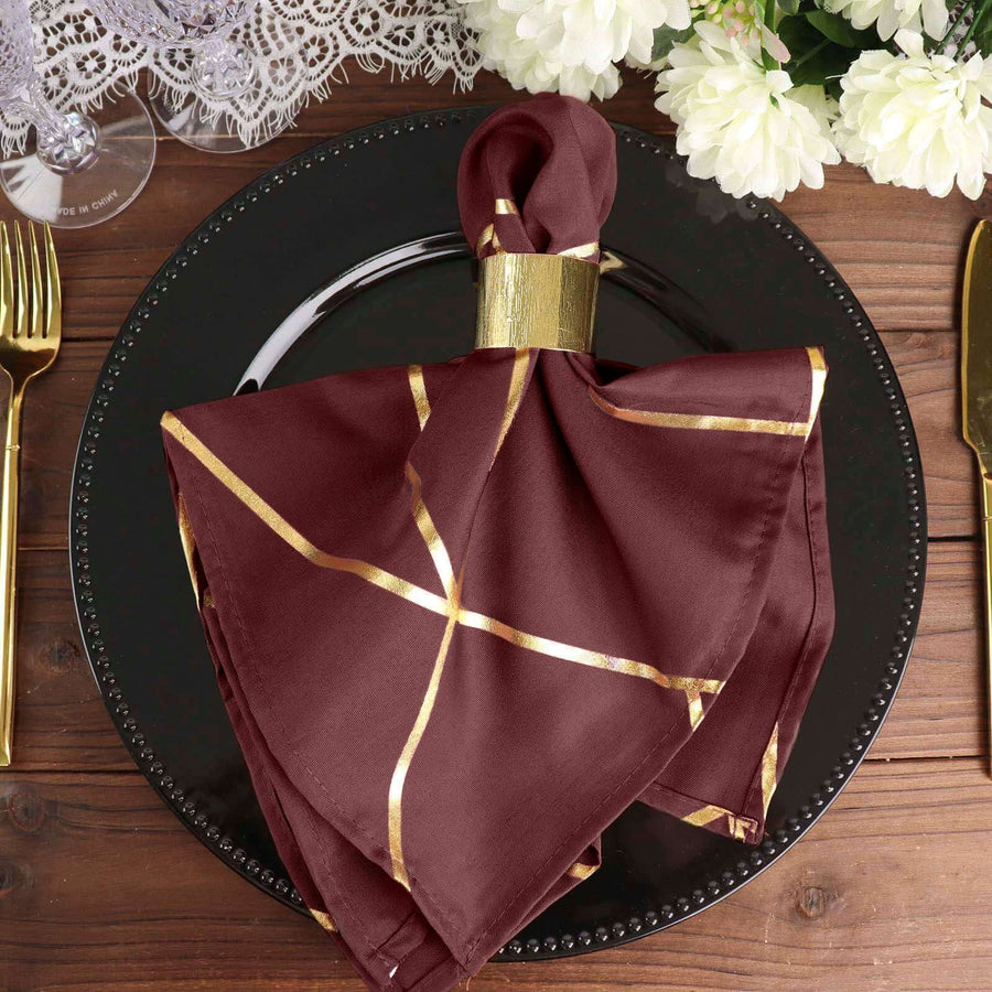 5 Pack | Modern Burgundy & Geometric Gold Cloth Dinner Napkins | 20x20Inch