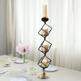 28inch Tall 3-Tier Stacked Black Geometric Candle Holder with Amber Glass Votives & Gold Trim