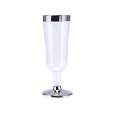 12 Pack | 6oz Chrome Silver Rim Clear Plastic Champagne Glasses, Disposable Trumpet Flutes