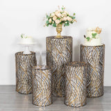 Set of 5 Black Wave Mesh Cylinder Pedestal Stand Covers with Embroidered Sequins, Premium Pillar