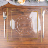 10 Pack | 8inch Clear / Gold Concave Modern Square Plastic Dessert Plates, Disposable Plates