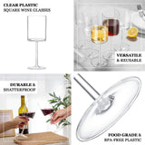 6 Pack Clear Plastic Reusable Cocktail Glasses With Long Stem, 10oz Shatterproof Square Wine Glasses