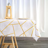 54"x54" White Polyester Square Table Overlay With Gold Foil Geometric Pattern