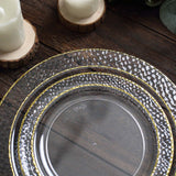 10 Pack | 7.5inch Clear Hammered Design Plastic Salad Plates With Gold Rim