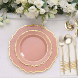 10 Pack | 10Inch Dusty Rose Plastic Dinner Plates Disposable Tableware Round With Gold Scalloped Rim