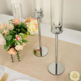 2 Pack | 20inch Silver Metal Clear Glass Hurricane Candle Stands With Glass Chimney Candle Shades