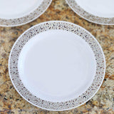 10 Pack | 10inch Elegant Silver Lace Rim White Disposable Dinner Plates, Fancy Plastic Party Plates