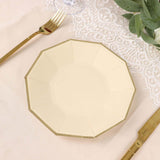 25 Pack | 7inch Beige Gold Foil Rim Geometric Appetizer Paper Plates, Decagon Dessert / Salad Plates