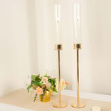 2 Pack | 24inch Gold Metal Clear Glass Hurricane Candle Stands, With Glass Chimney Candle Shades