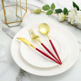 24 Pack | Gold 8inch Modern Flatware Set, Heavy Duty Plastic Silverware With Red Handles