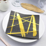 20 Pack | 3 Ply Metallic Gold Streaks Design Black Paper Dinner Napkins | Wedding Cocktail Napkins