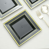 10 Pack | 7inch Gold Trim Black Square Plastic Salad Dessert Plates