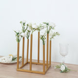 Gold Metal 8-Tubes Single Stemmed Flower Vase Centerpiece with Hollow Square Base