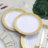 10 Pack | 10inch White Hammered Design Plastic Dinner Plates With Gold Rim