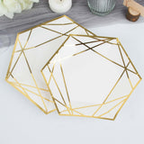 25 Pack | 7inch White / Gold Hexagon Salad Paper Plates, Geometric Disposable Dessert