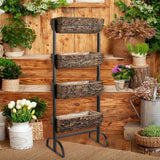 42inch 4-Tier Metal Ladder Plant Stand With Natural Wooden Log Planters