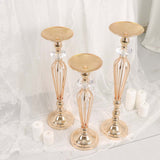 Set of 3 | Gold Metal Crystal Ball Pillar Candle Holders Set, Flower Bowl Pedestal Stand