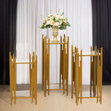 Set of 3 Gold Metal Plinths Cake Table Pedestal Stands With Square Acrylic Plates