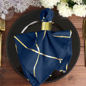 5 Pack Modern Navy Blue and Geometric Gold Cloth Dinner Napkins 20"x20"