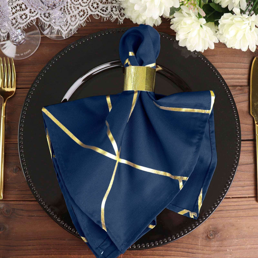 5 Pack | Modern Navy Blue & Geometric Gold Cloth Dinner Napkins | 20x20Inch