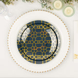 20 Pack Set | 9inch, 7inch Navy Blue Geometric Gold Print Plastic Plates