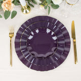 10 Pack | 6inch Purple Heavy Duty Disposable Salad Plates with Gold Ruffled Rim, Dessert Dinnerware