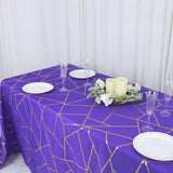 90Inchx132Inch Purple Rectangle Polyester Tablecloth With Gold Foil Geometric Pattern