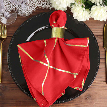 5 Pack | Modern Red and Geometric Gold Cloth Dinner Napkins | 20"x20"