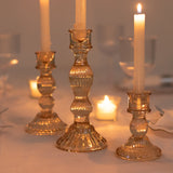 Set of 3 Amber Gold Ribbed Glass Taper Candlestick Holders, Fluted Crystal Candle Stands