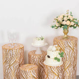 Set of 5 Rose Gold Wave Mesh Cylinder Pedestal Stand Covers with Embroidered Sequins, Premium Pillar