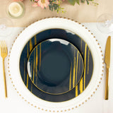 10 Pack | 10inch Navy Blue and Gold Brush Stroked Round Plastic Dinner Plates