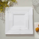 10 Pack - 7inch Silver Trim White Square Plastic Salad Dessert Plates