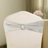 5 pack Metallic Silver Spandex Chair Sashes With Attached Round Diamond Buckles