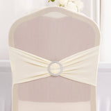 Ivory Spandex Banquet Chair Cover with Silver Rhinestone Buckled Sash Band, Stretched Fitted Slip On