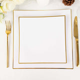 10 Pack | 8inch White / Gold Concave Modern Square Plastic Dessert Plates, Disposable Salad Plates