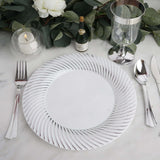 10 Pack | 9inch White / Silver Swirl Rim Plastic Dinner Plates, Round Disposable Party Plates