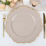 6 Pack | 13inch Taupe / Gold Scalloped Rim Acrylic Charger Plates, Round Plastic Charger Plates