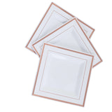 10 Pack - 7inch Rose Gold Trim White Square Plastic Salad Dessert Plates