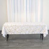 60"x102" White Rectangle Polyester Tablecloth With Gold Foil Geometric Pattern