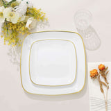 10 Pack | 10inch White with Gold Rim Square Plastic Lunch Party Plates, Disposable Dinner Plates