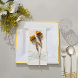 10 Pack - 10inch Gold Trim White Square Plastic Disposable Dinner Plates