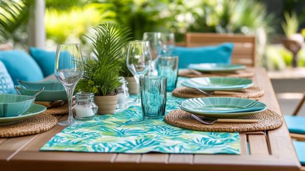 Tropical leaf table runner on outdoor dining table