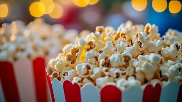 Popcorn in red-and-white striped tubs