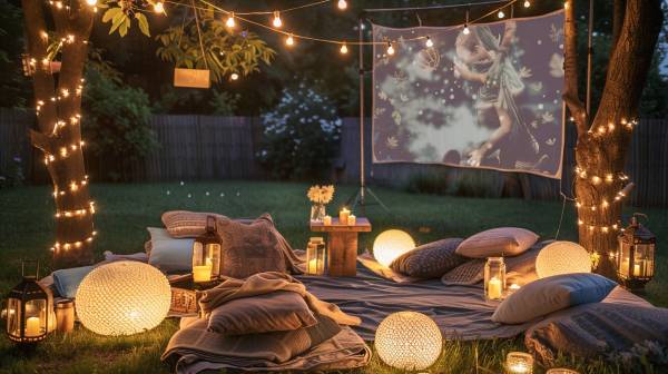 Backyard movie setup with string lights, cushions, and projector screen