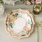 25 Pack | 8inch White / Rose Gold Floral Scallop Rim Salad Party Paper Plates, Dessert Plates