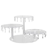 3-Tier Acrylic Cake Stand Clear with Hanging Crystal Pendants – Dessert Display for Weddings#whtbkgd_99