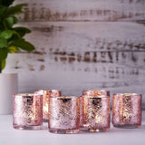 6 Pack | Blush/Rose Gold Mercury Glass Candle Holders, Votive Tealight Holders With Primrose Design